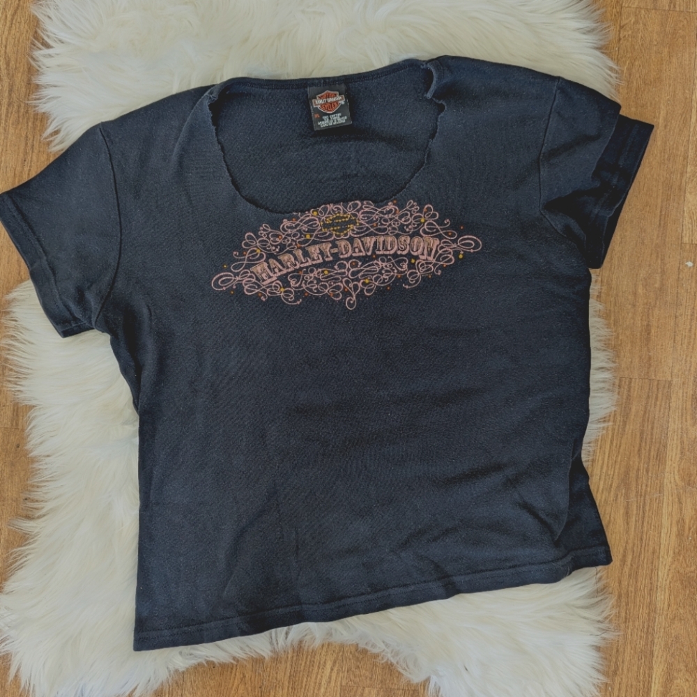 Harley Davidson Cut Out Collar Gem Bling T-shirt